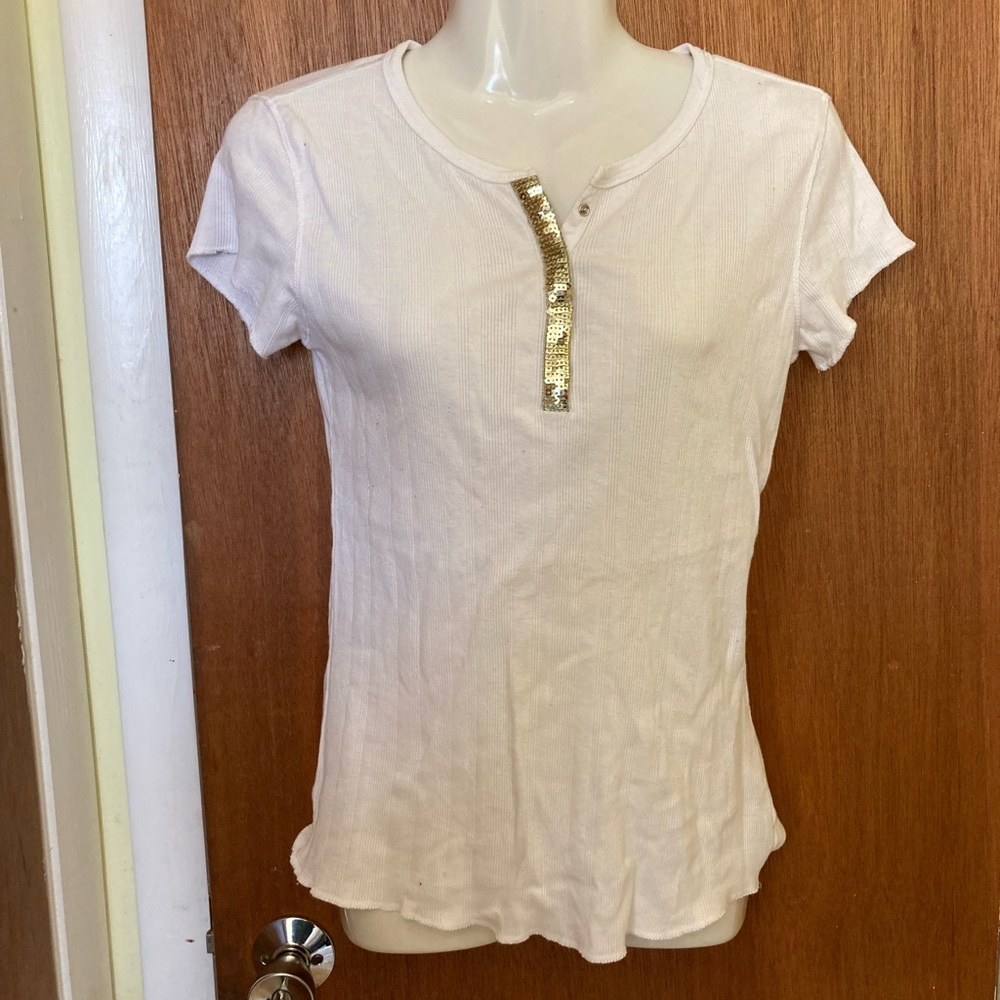 White Women Junior Top, White with Gold Sequin, size L, Energie brand